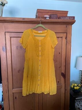 Yellow Button-Front Mini Dress with Crochet Details